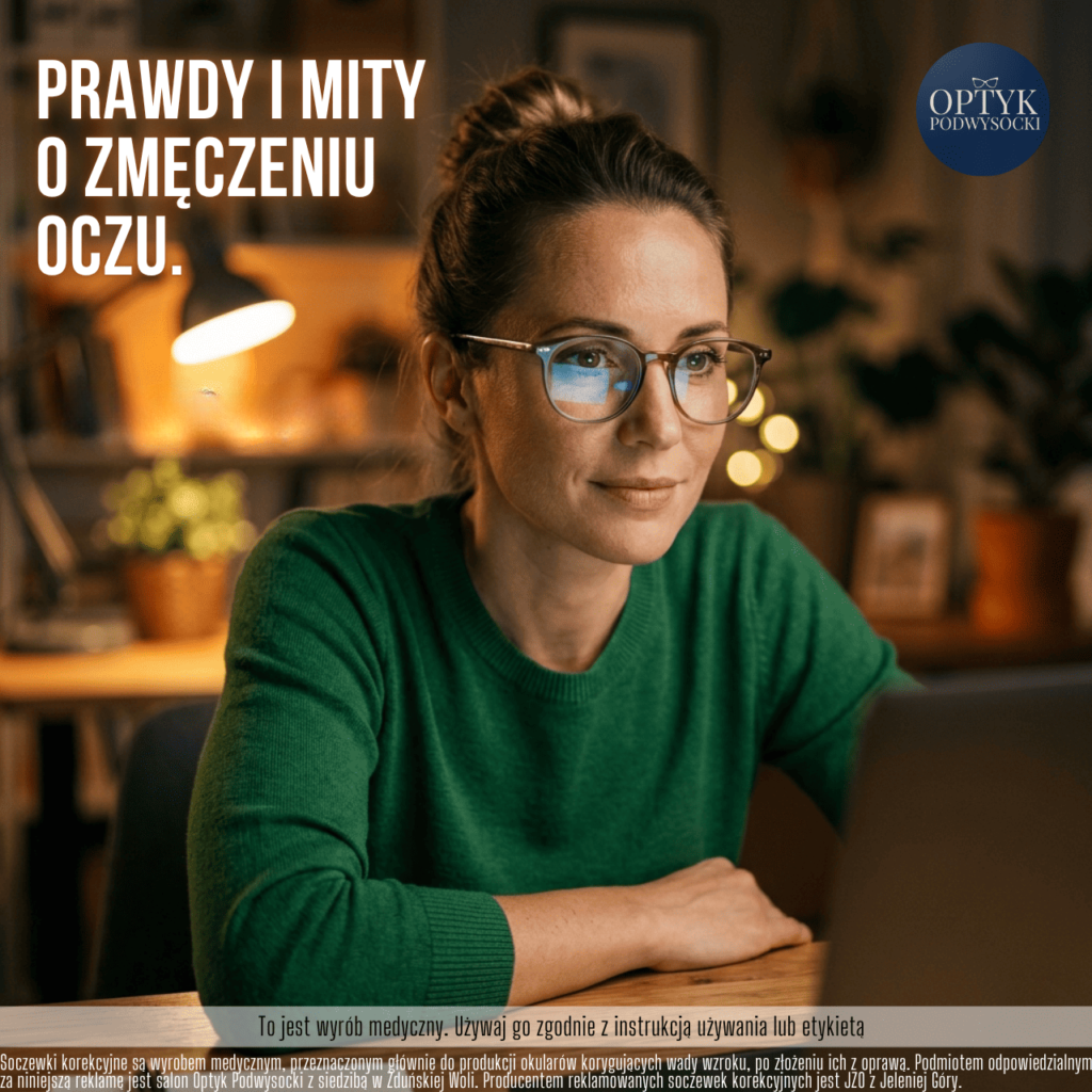 Grafika edukacyjna salonu Optyk Podwysocki przedstawiająca zmęczenie oczu wieczorem i zamazany obraz podczas pracy przy komputerze.